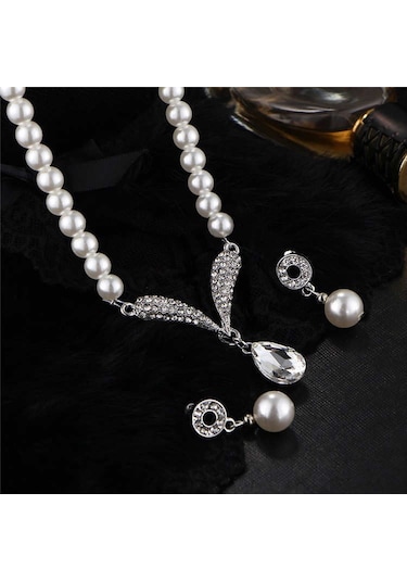 Taşlı İnci Takı Seti Kolye, Bileklik, Küpe 18 Gp Sevgililer Günü