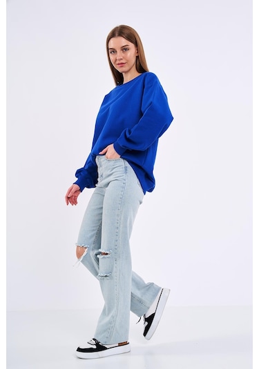 Comeor Saks Kadın Pamuklu Oversize Basic Bisiklet Yaka Sweatshirt 001