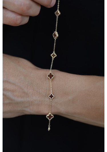 14 Ayar Altın Kahverengi Yonca Detaylı Bileklik Altın