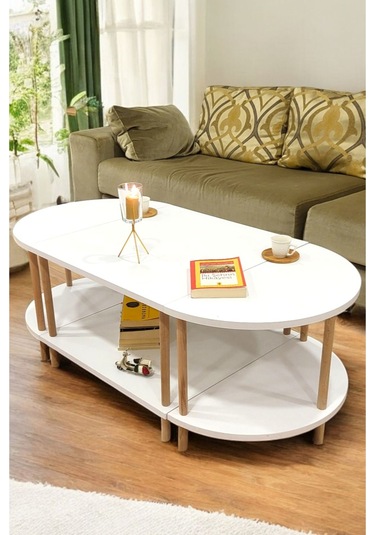 Çevir Kur 3'ü 1 Arada 2 Raflı Orta Sehpa Ve Dekoratif Yan Sehpa Gazetelikli Beyaz