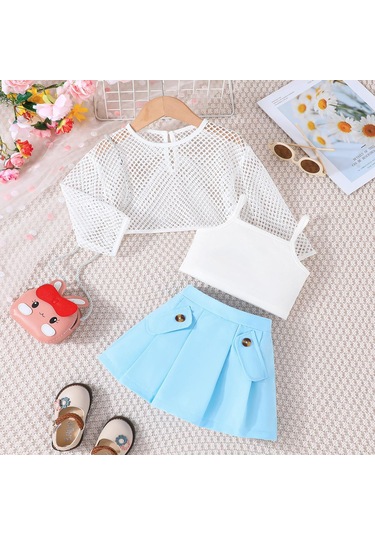 Mavi Çocuk Giyim Kız Setleri Oymak Üst + Cami Üst + Haki Etekler 3 Adet Yaz Takım Elbise Setleri Kızlar Için 12M-6Y Çocuk Giysileri 12M-6Y Mavi