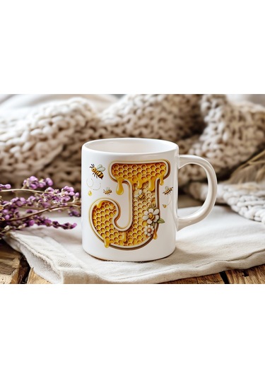 J Harfi Bal Arısı Tasarım Kupa Bardak - Bal Ve Petek Desenli Kişiye Özel Kahve Kupası - Hediyelik Beyaz