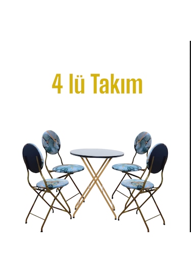 Mermer Desenli Gold Metal Bahçe Takımı - 4 Sandalye + 1 Masa
