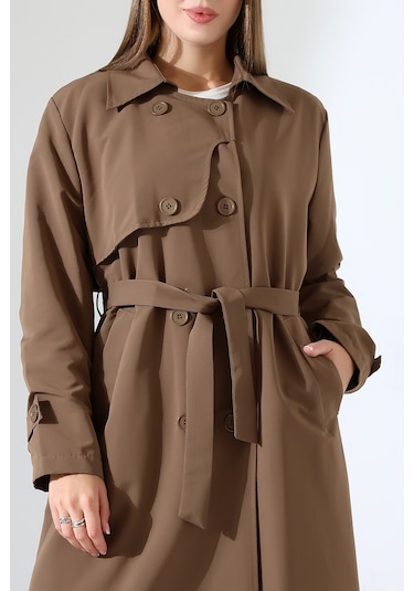 Amazon Keten Kumaş Uzun Boy Düğmeli Astarlı Yumuşak Dokulu Trenç Kot Sütlü Kahve Sütlü Kahverengi