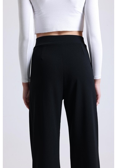 Kadın Wide Leg Likralı Cırt Kapamalı Lastikli Palazzo Pantolon - Siyah