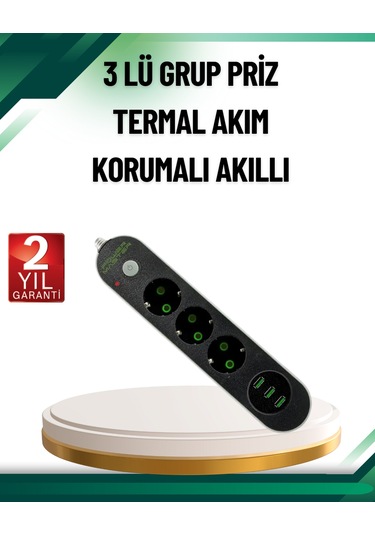 Akım Korumalı Anahtarlı Usb Girişli Üçlü Priz