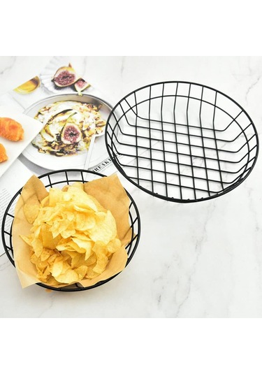 2pcs Cips Atıştırmalık Sepet Meyve Sepeti Büyük Yuvarlak Tel Sepet Siyah Metal Ekmek Sepeti Siyah