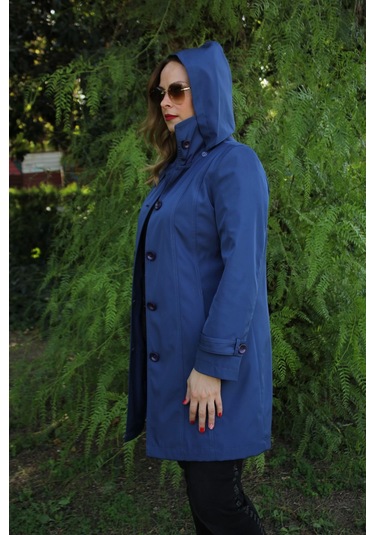 1671 Kolu Düğme Detaylı Uzun Kapişonlu Saks Büyük Beden Kadın Ceket Saks