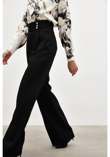 Sateen Bel Detaylı Pantolon - Siyah