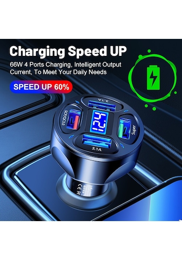 4 Port 100w Hızlı Şarj Qc3.0 Usb Telefon Şarj Adaptörü Arabada Beyaz