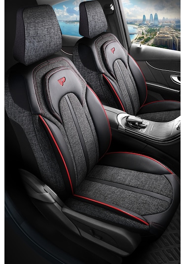 Füme - Kırmızı Panda Sevılla Serısı Keten Kumaş Oto Koltuk Kılıfı - Tam Set