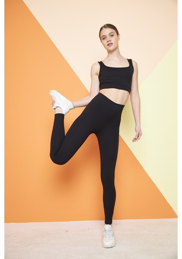 Haki Yüksek Bel Fitilli Toparlayıcı İnterlok Örme Şardonlu Spor Kışlık Tayt SiYAH