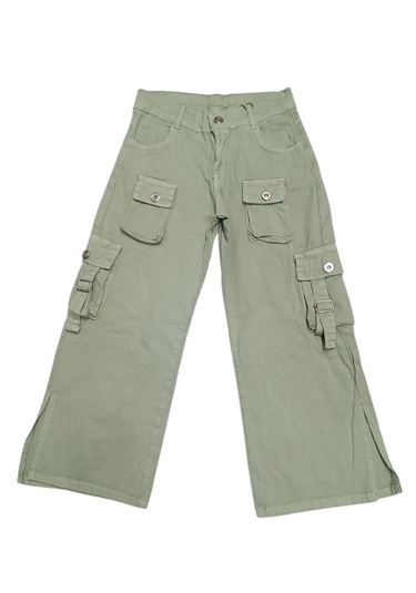 Kız Çocuk Kargo Cep Detaylı Paçası Yırtmaçlı Su Yeşili Pantolon Su Yeşili
