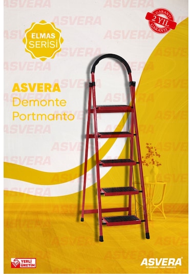 Elmas Serisi Carnaval 5 Li Ev Tipi Katlanır Merdiven Kırmızı, Kaymaz, Hafif, Dayanıklı 1 Adet