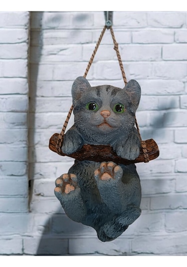 1 Adet Dekoratif Sallanan Duvar Ve Bahçe Süsü Kedi Gri