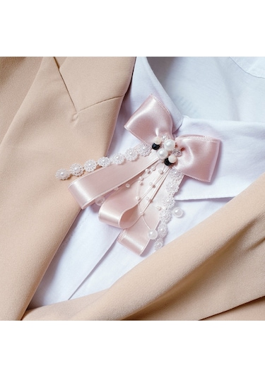 Pegu Lux Kurdele İncili Aksesuarlı Pudra Yaka Gömlek Ceket Broş, Yaka İğnesi 46 Pudra