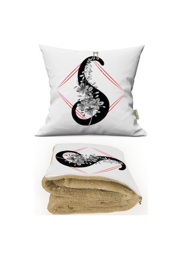 S HARFİ Baskılı Kişiye Özel Opsiyonel Battaniyeli Yastık Kırlent 2 in 1