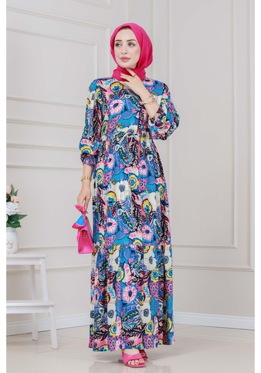 Beli Tünelli Çiçekli Viscon Elbise-mavi-5317 Mavi