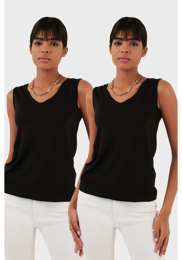 Lela Slim Fit V Yaka Kalın Askılı 2' Li Paket Bayan Bluz 5864384S2 Siyah-Siyah