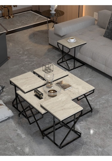 Orta Sehpa Ve Zigon Sehpa V Lüx 5'li Set Traverten Bej