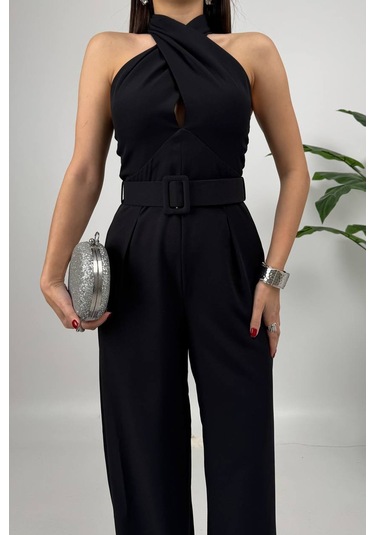 Amber Kadın Kemer Detaylı Askılı Bol Paça Siyah Tulum Rahat Şık Yazlık Kombin Siyah