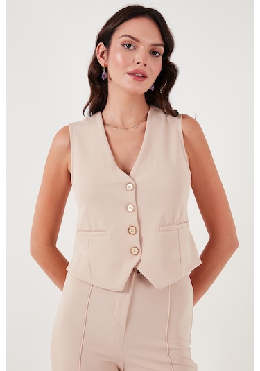 Lela Streç Fitted Fit V Yaka Düğmeli Bayan Yelek 5865971 Taş