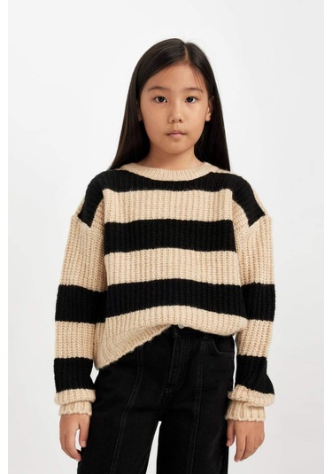 DeFacto Kız Çocuk Çizgili Bisiklet Yaka Triko Kazak A6009A824WNBK27 Siyah