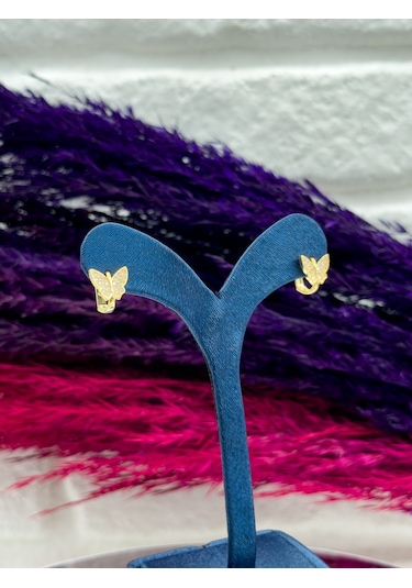 925 Ayar Gümüş Gold Renk Kelebek Tasarımlı Zarif Kız Çocuk Küpesi Gümüş