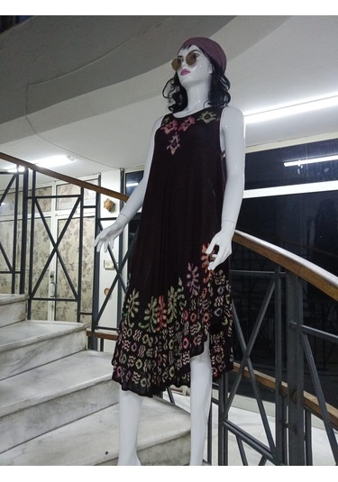 Sıfır Kol Yuvarlak Yaka Batik Desenli Elbise-9701 Yeşil