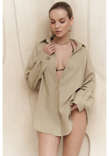 Charlotte Bej Oversize Keten Gömlek Bej