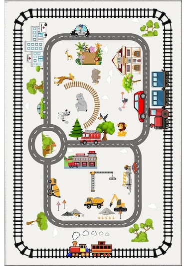 Trafik Tren Çocuk Oyun Halısı Kaymaz Makinede Yıkanabilir B1