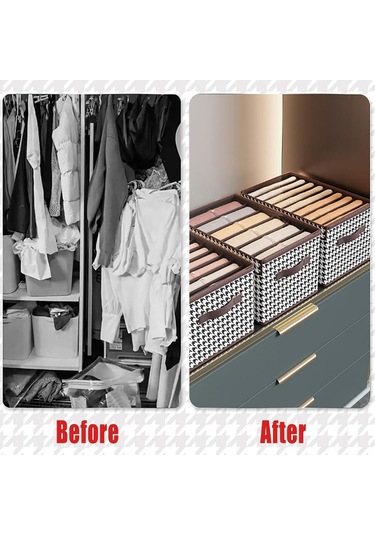 Kosona Houndstooth Desenli 6 Bölmeli Kollu Kumaş Depo Kutusu - 44x30x20 Cm - Çekirdekli, Yığılabilir, Ev İçi Giyim Ve Eşya Saklama Kutusu