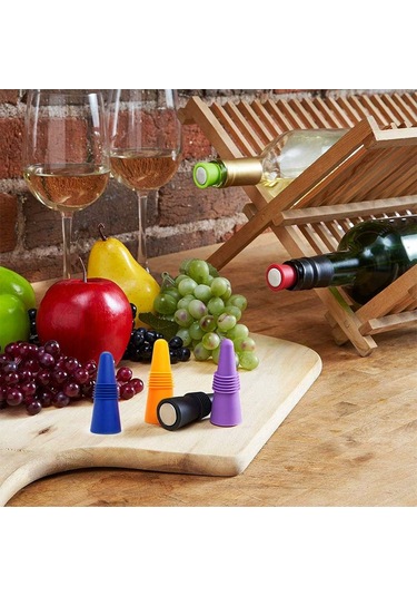Konesam 6 Adet Yeniden Kullanıma Uygun Yemek Grubu Silikon Şarap Tıkanırcısı - Lezzeti Koru, Tüm Şişelere Uygun, El Kolu Desenli
