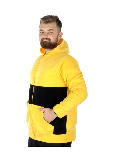 Mode Xl Büyük Beden Erkek Kapşonlu Fermuarlı Polar Hırka 22554 Hardal 001