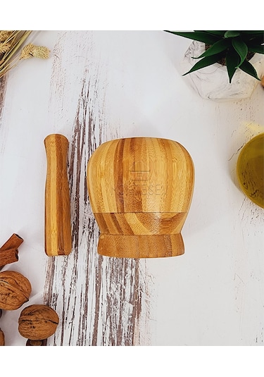 El Yapımı Ahşap Ağaç Havan Sarımsak Döveceği Bambu 12 Lik