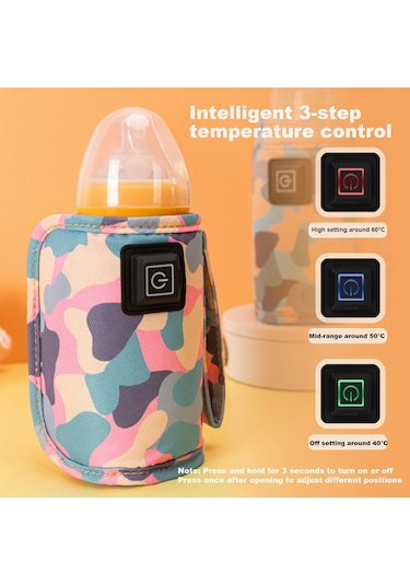Jeehugo Usb Şarjlı Bebek Biberon Isıtıcı Çantası - Camouflage Pembe - Akıllı Sıcaklık Kontrolü - Taşınabilir Isı Saklama