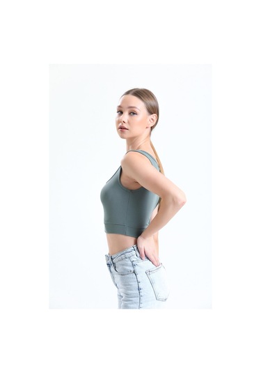 Yeşil Fitilli Kare Yaka Esnek Örme Crop Büstiyer Atlet Haki