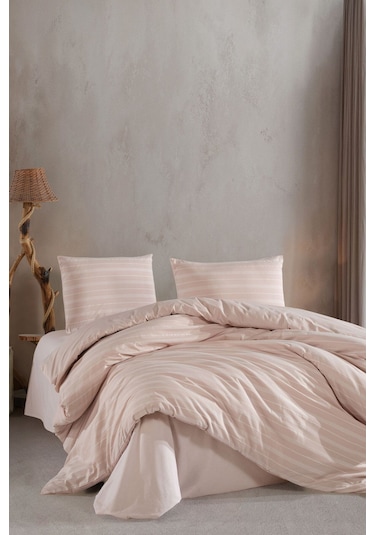 Varol Lastikli Saten Çizgili Çift Kişilik Nevresim Takım Bej/cıftkısılık Bej