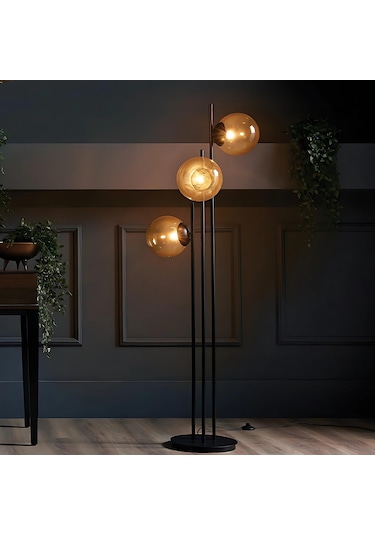 Fera 3 Glop Cam Başlıklı Siyah Lambader Sarı