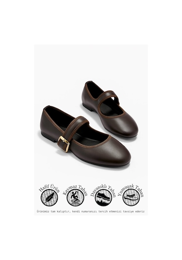 Günlük Bej Kadın Babet Oval Burun Tokalı Sade Kemer Kısa Topuklu Ev İş Ofis Hafif Ayakkabı 210 Acı Kahve