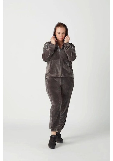 1927 Gri Tam Kalıp Tarz Kapüşonlu Kadife Büyük Beden Eşofman Takımı Gri