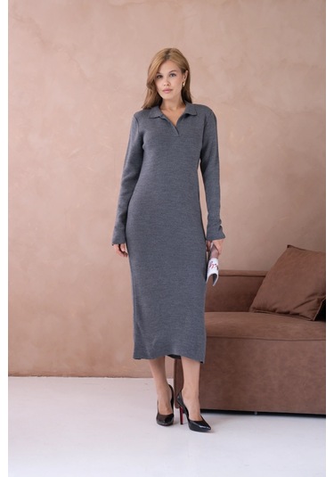 Kadın Polo Yaka Yamuşak Dokulu Maksi Boy Triko Elbise Antrasit