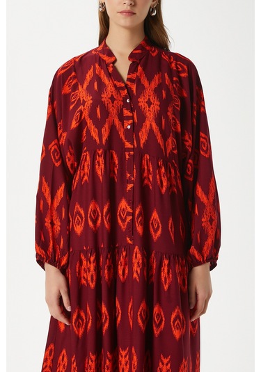 Modest Megan Turuncu Kadın %100 Viskon Maksi Boy Katlı Balon Kol Uzun Yazlık Elbise Turuncukırmızı