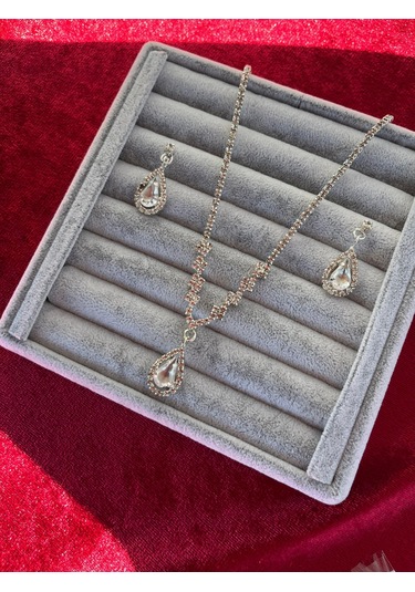 Gümüş Renk Düğün Nişan Kına Damla Zirkon Taşlı Abiye Küpe Kolye Set Takım