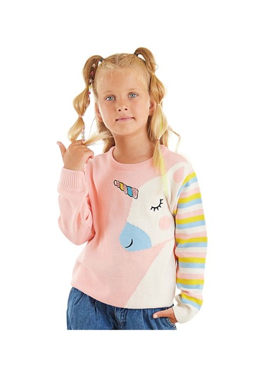 Denokids Unicorn Kız Çocuk Pembe Triko Kazak Çok Renkli