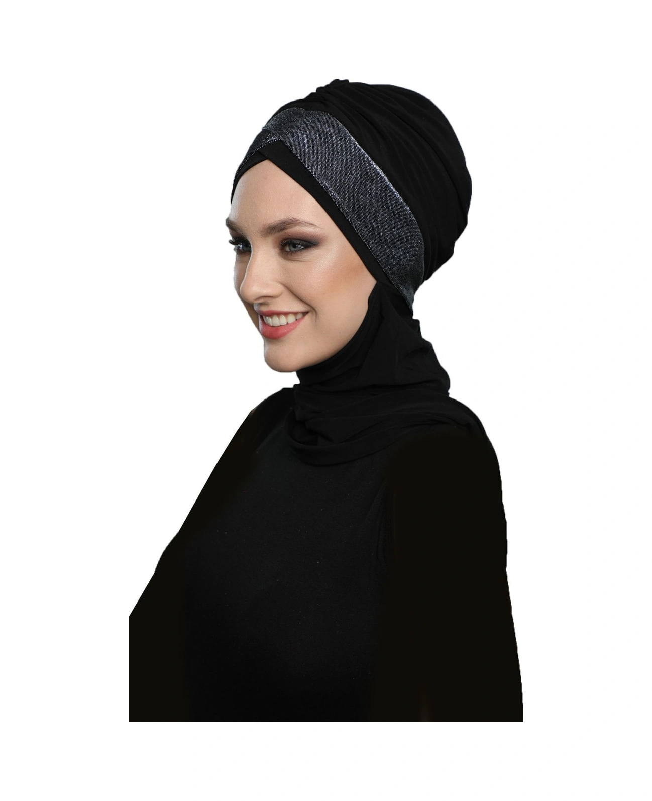Çapraz Pike Atkılı Astarlı Siyah-gümüş Hazır Türban Tesettür Bone Siyah-gümüş