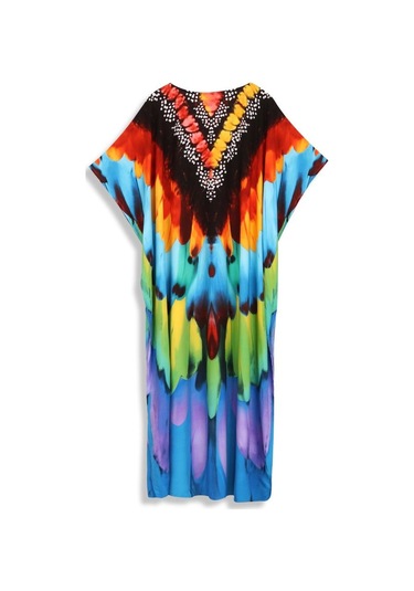 Edolynsa Şık Kadın Kaftan Bohem Renkli Bornoz Rahat Büyük Beden Moo Moo Elbise Taze Elbise Tatil Partisi Uzun Elbise Kıyafet Q1594 Çok Renkli
