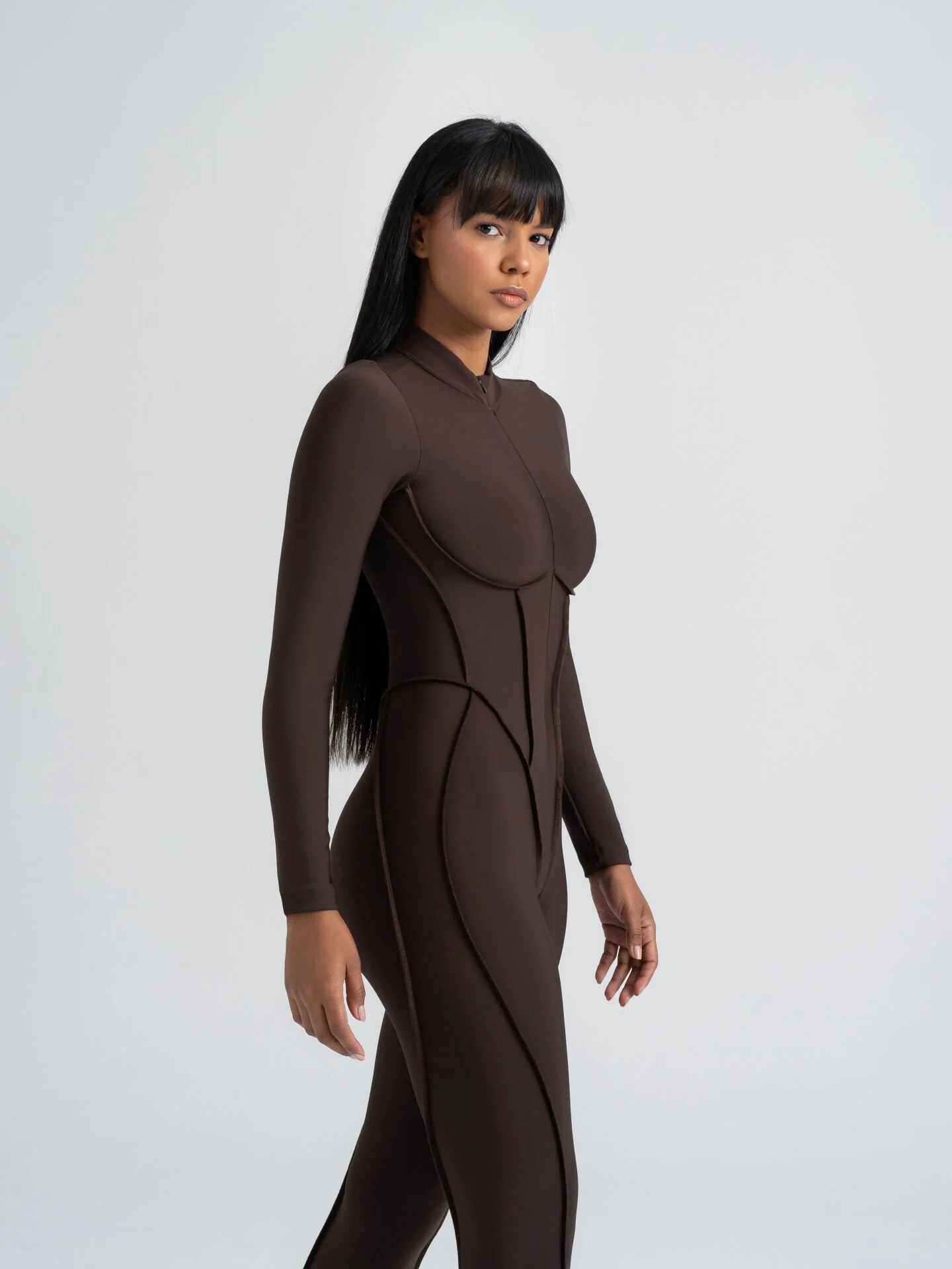 Dikişle Modellenmiş Spor Tayt Tulum Kahverengi