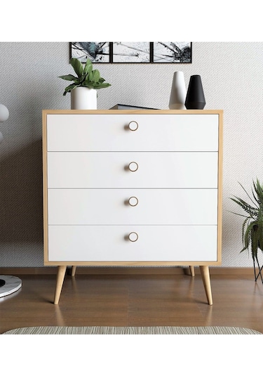 Floradesign Zen Şifonyer / Çok Amaçlı Dolap/ Çekmeceli Şifonyer / Kapaklı Şifonyer / 4 Çekmeceli Şifonyer 80cm Meşe/beyaz