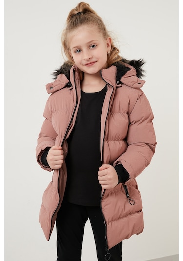 Lela Yakası Suni Kürklü Peluş Astarlı Çıkarılabilir Kapüşonlu Dar Kesim Kışlık Kız Çocuk Mont 5760002 Pudra
